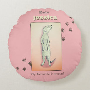 Custom Cute Soft Pink Peach Meerkat Baby Name Round Pillow