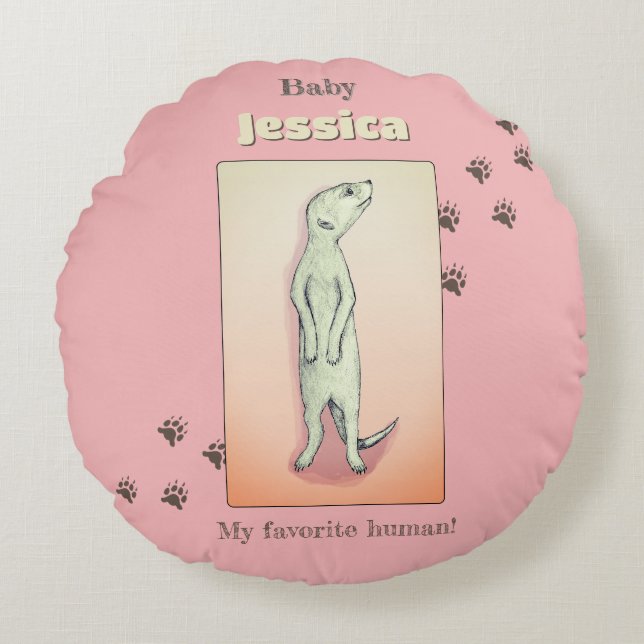 Custom Cute Soft Pink Peach Meerkat Baby Name Round Pillow (Front)