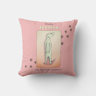 Custom Cute Soft Pink Peach Meerkat Baby Name Throw Pillow