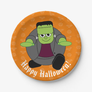 Custom cute spooky Halloween Frankenstein monster: Paper Plates