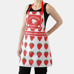 Custom Cute Trendy White & Red Strawberry Baking Apron