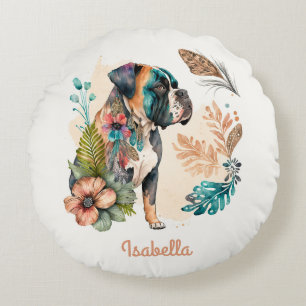 Custom Cute Watercolor Floral Boho Bulldog Round Pillow