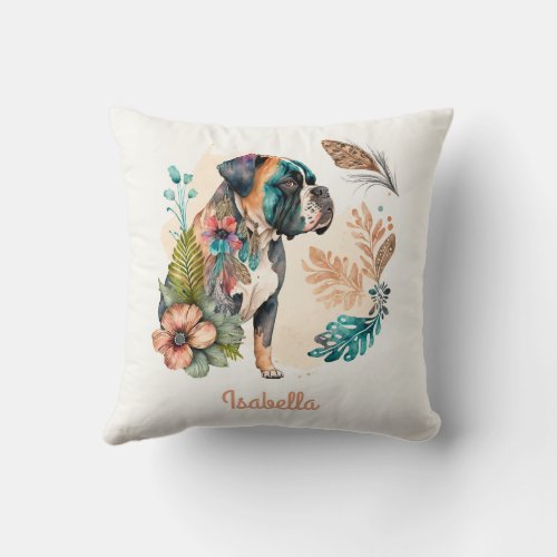 Custom Cute Watercolor Floral Boho Bulldog Throw Pillow