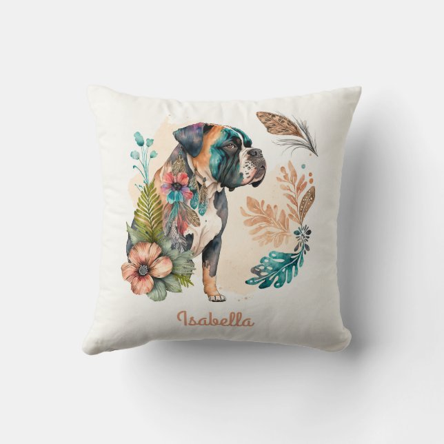 Custom Cute Watercolor Floral Boho Bulldog Throw Pillow (Back)