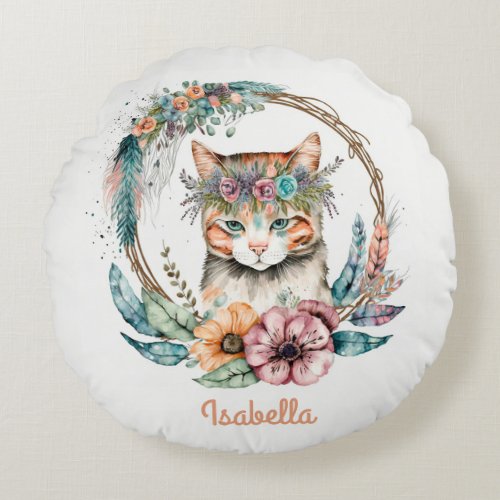 Custom Cute Watercolor Floral Boho Cat Round Pillow