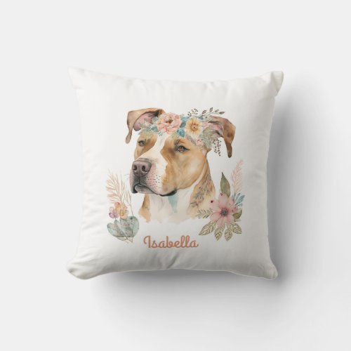Custom Cute Watercolor Floral Boho Pitbull Dog Throw Pillow