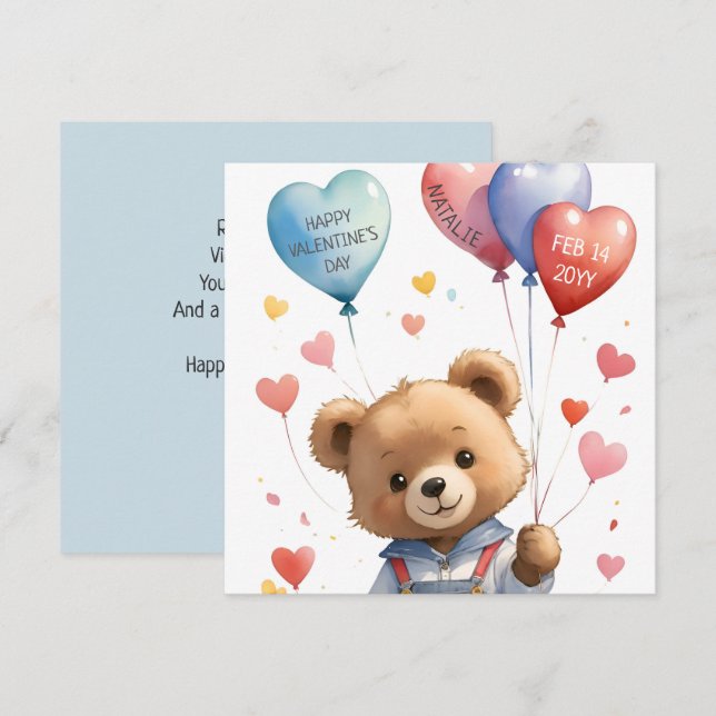 Custom Cute Watercolor Teddy Bear Valentines Day Holiday Card (Front/Back)