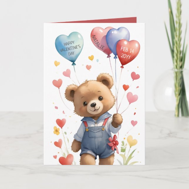 Custom Cute Watercolor Teddy Bear Valentines Day Holiday Card (Front)