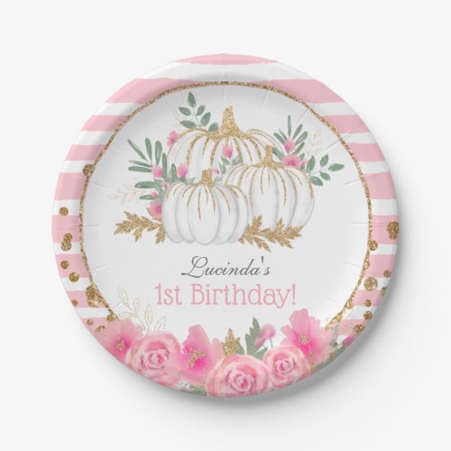 Custom Cute White Pumpkin Floral 1st Birthday Paper Plates