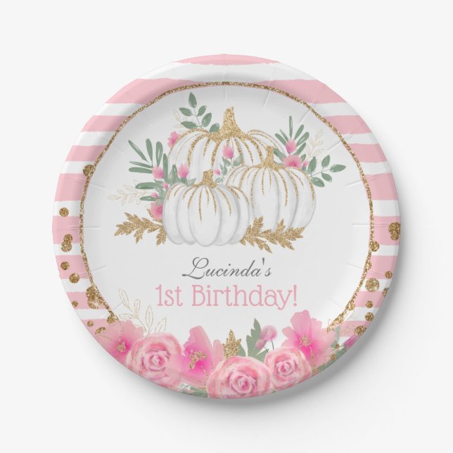 Custom Cute White Pumpkin Floral 1st Birthday Paper Plates (Front)