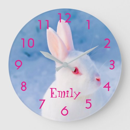 Custom cute white rabbit on blue snow background large clock