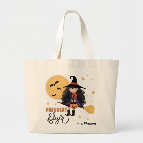 Custom Cute Witch Halloween Frequent Flyer Large Tote Bag