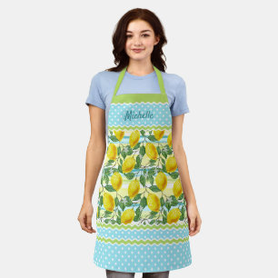 Custom Cute Yellow Lemons Green Leaves On Blue Apron