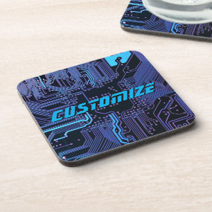 Custom Cyber Blue PCB Circuit Board Tech Art Beverage Coaster