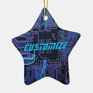 Custom Cyber Blue PCB Circuit Board Tech Art Ceramic Ornament