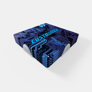 Custom Cyber Blue PCB Circuit Board Tech Art Coaster Set