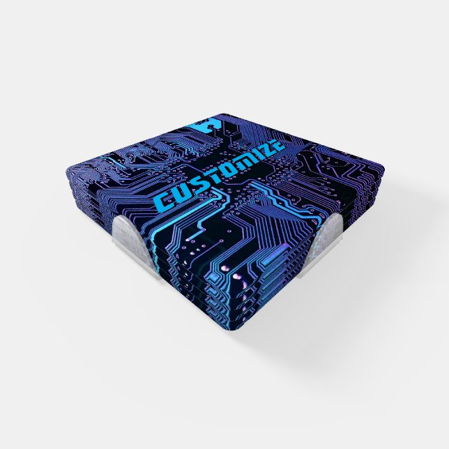 Custom Cyber Blue PCB Circuit Board Tech Art Coaster Set (Set)