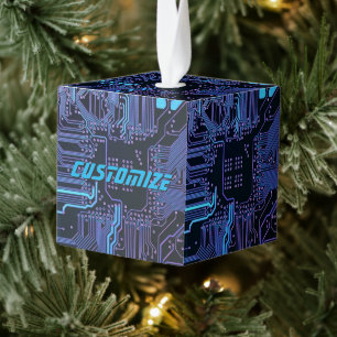Custom Cyber Blue PCB Circuit Board Tech Art Cube Ornament