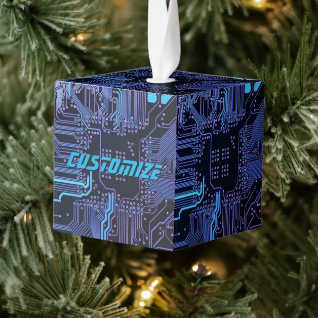 Custom Cyber Blue PCB Circuit Board Tech Art Cube Ornament