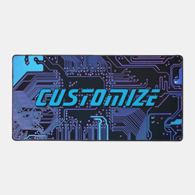 Custom Cyber Blue PCB Circuit Board Tech Art Desk Mat (Front)