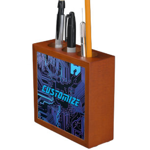 Custom Cyber Blue PCB Circuit Board Tech Art Desk Organizer