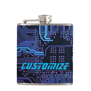 Custom Cyber Blue PCB Circuit Board Tech Art Flask
