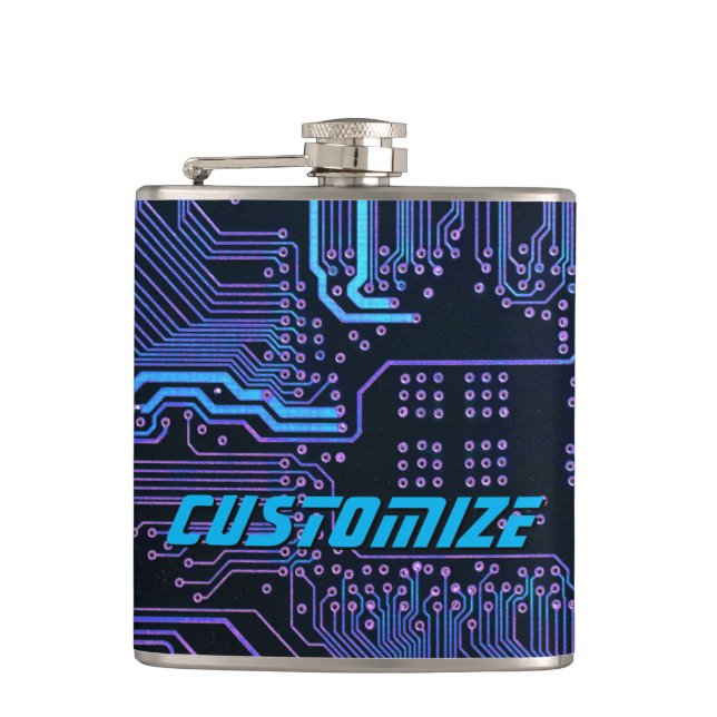 Custom Cyber Blue PCB Circuit Board Tech Art Flask (Front)