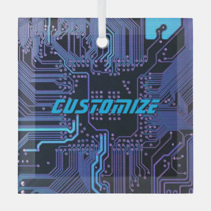Custom Cyber Blue PCB Circuit Board Tech Art Glass Ornament