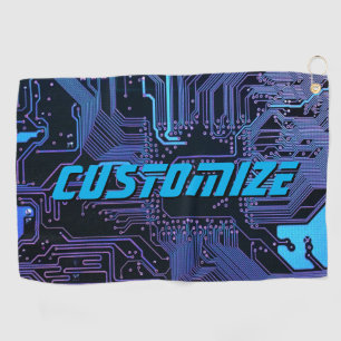 Custom Cyber Blue PCB Circuit Board Tech Art Golf Towel