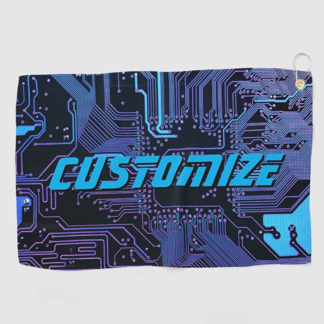 Custom Cyber Blue PCB Circuit Board Tech Art Golf Towel (Horizontal)