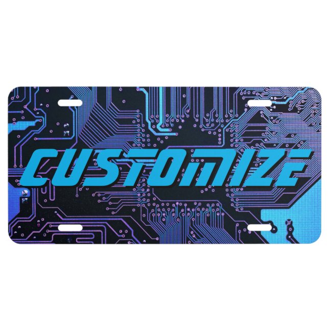 Custom Cyber Blue PCB Circuit Board Tech Art License Plate (Front)