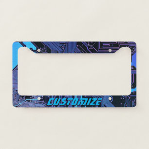 Custom Cyber Blue PCB Circuit Board Tech Art License Plate Frame