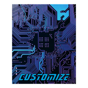 Custom Cyber Blue PCB Circuit Board Tech Art Poster
