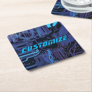 Custom Cyber Blue PCB Circuit Board Tech Art Square Paper Coaster