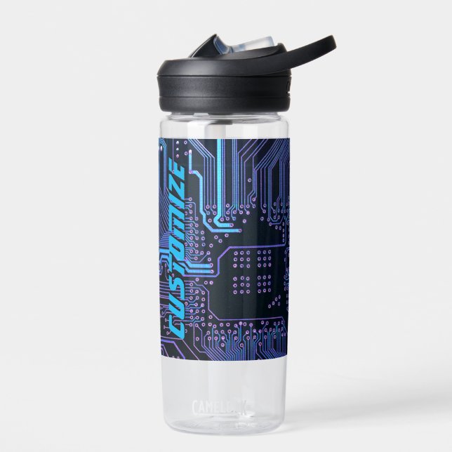 Custom Cyber Blue PCB Circuit Board Tech Art Water Bottle (Left)