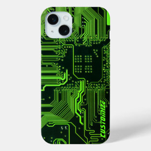 Custom Cyber Green PCB Circuit Board Tech Art iPhone 15 Plus Case