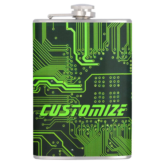Custom Cyber Green PCB Circuit Board Tech Art Flask (Front)