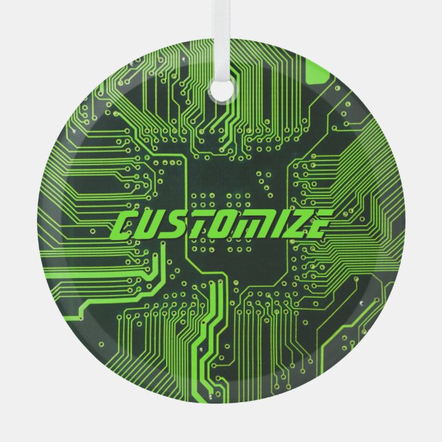 Custom Cyber Green PCB Circuit Board Tech Art Glass Ornament (Front)