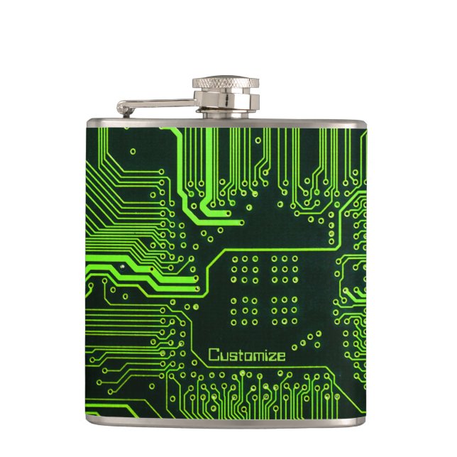 Custom Cyber Green PCB Circuit Board Tech Art Hip Flask (Front)