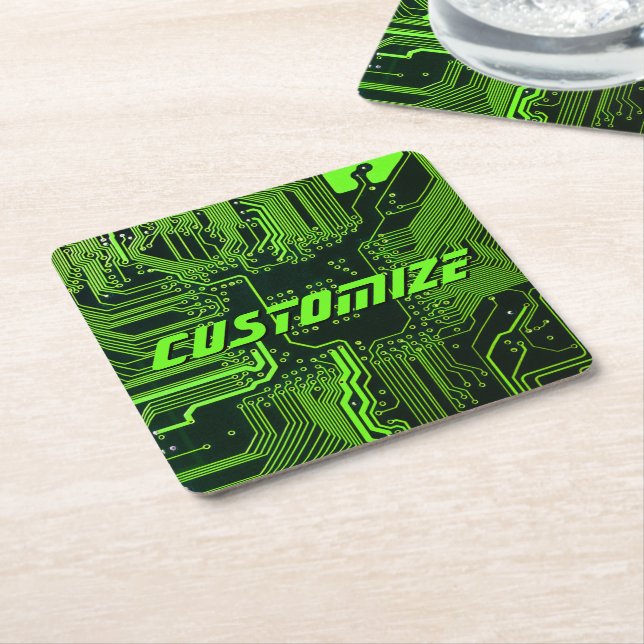 Custom Cyber Green PCB Circuit Board Tech Art Square Paper Coaster (Angled)