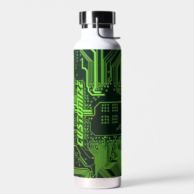 Custom Cyber Green PCB Circuit Board Tech Art Water Bottle (Left)