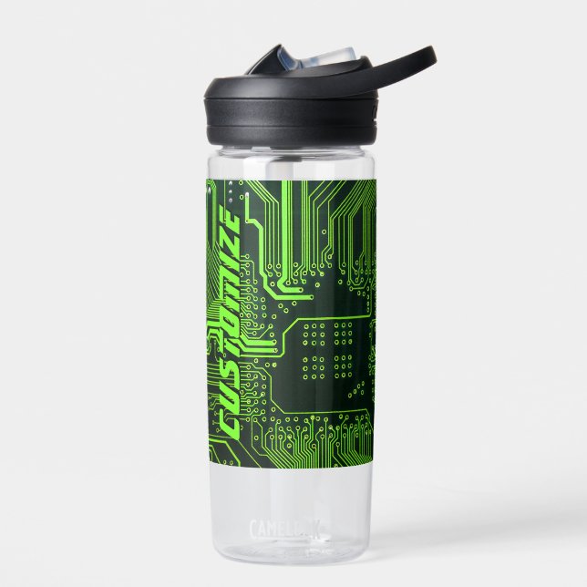 Custom Cyber Green PCB Circuit Board Tech Art Water Bottle (Left)