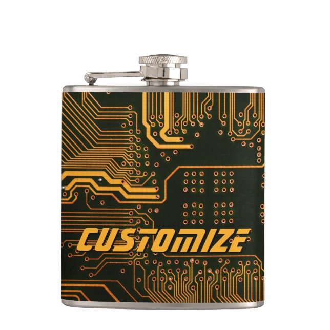 Custom Cyber Orange PCB Circuit Board Tech Art Flask (Front)