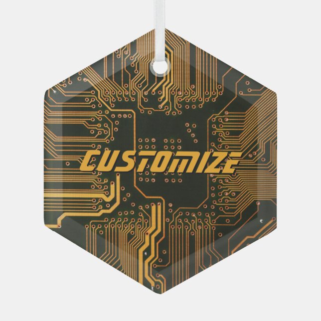 Custom Cyber Orange PCB Circuit Board Tech Art Glass Ornament (Front)