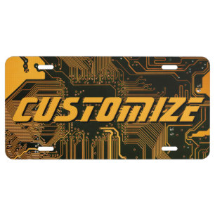 Custom Cyber Orange PCB Circuit Board Tech Art License Plate