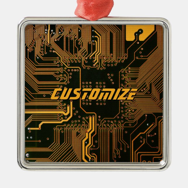 Custom Cyber Orange PCB Circuit Board Tech Art Metal Ornament (Front)