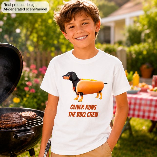 Personalized Kids Dachshund BBQ Crew Shirt with Funny Wiener Dog