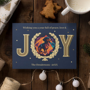 Custom Dachshund Dog Navy Gold Joy Christmas Holiday Card