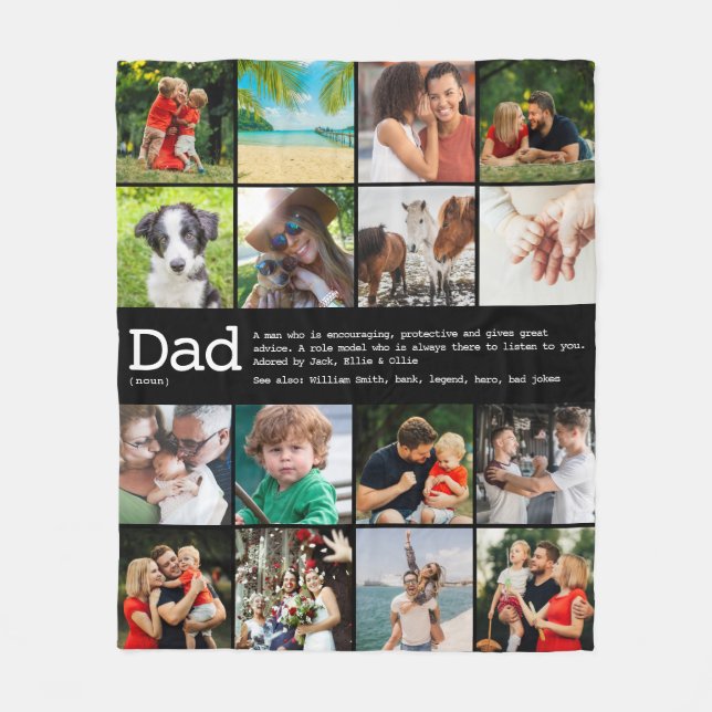 Custom Dad Definition Photo Collage Black Fleece Blanket (Front)