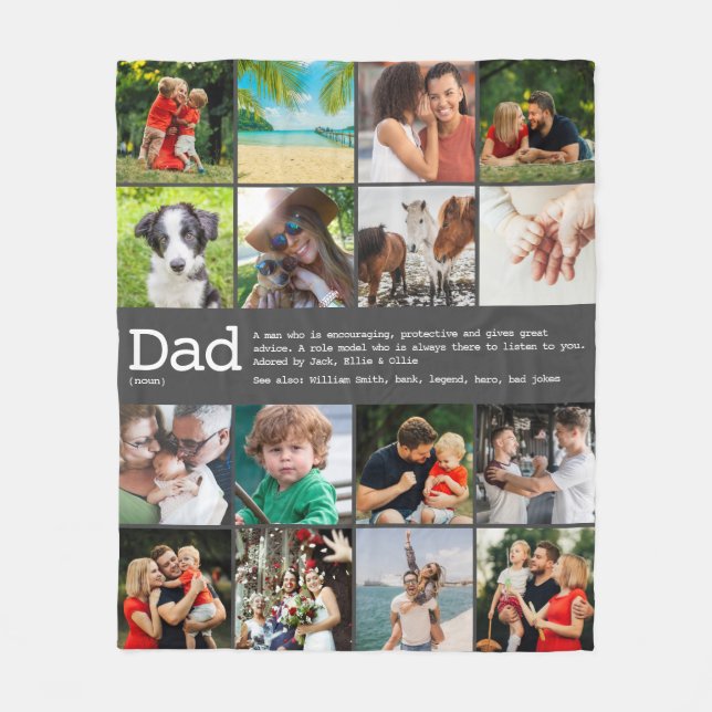 Custom Dad Definition Photo Collage Gray Fleece Blanket (Front)